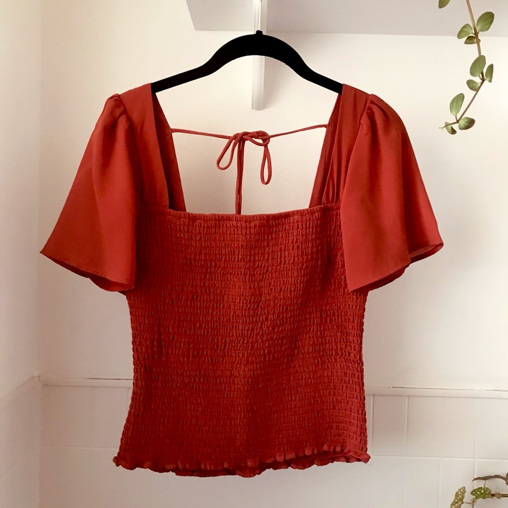 Abercrombie and Fitch top rust red fall open back top
